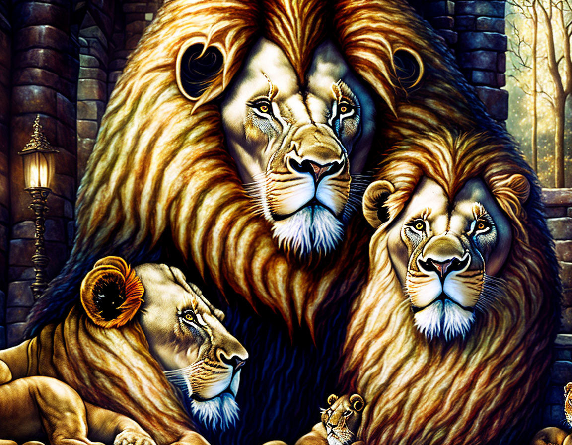 Detailed illustration of three majestic lions in torch-lit setting