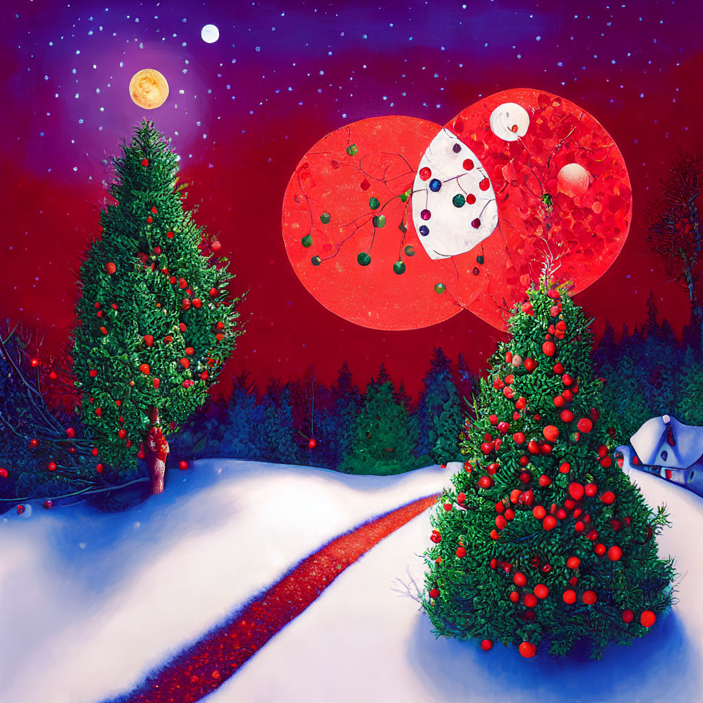 Night scene with Christmas trees, snow, red & purple sky, and floating ornaments