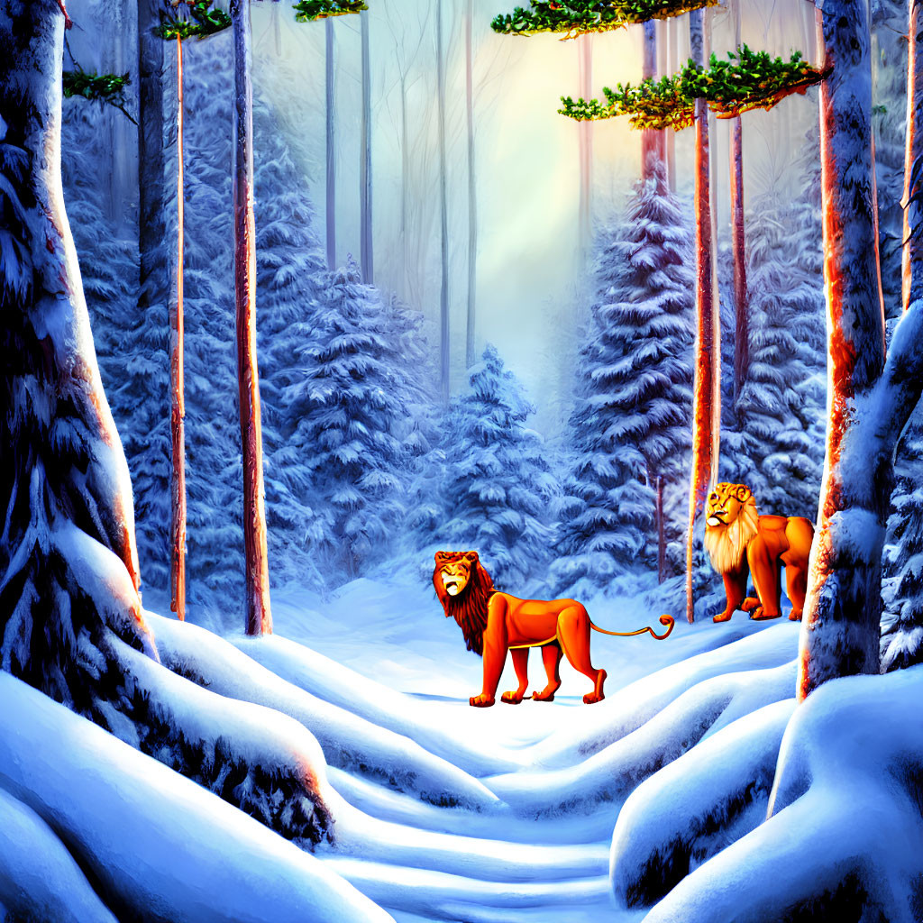 Two lions in snowy forest with tall trees, one with flowing mane and other on leash