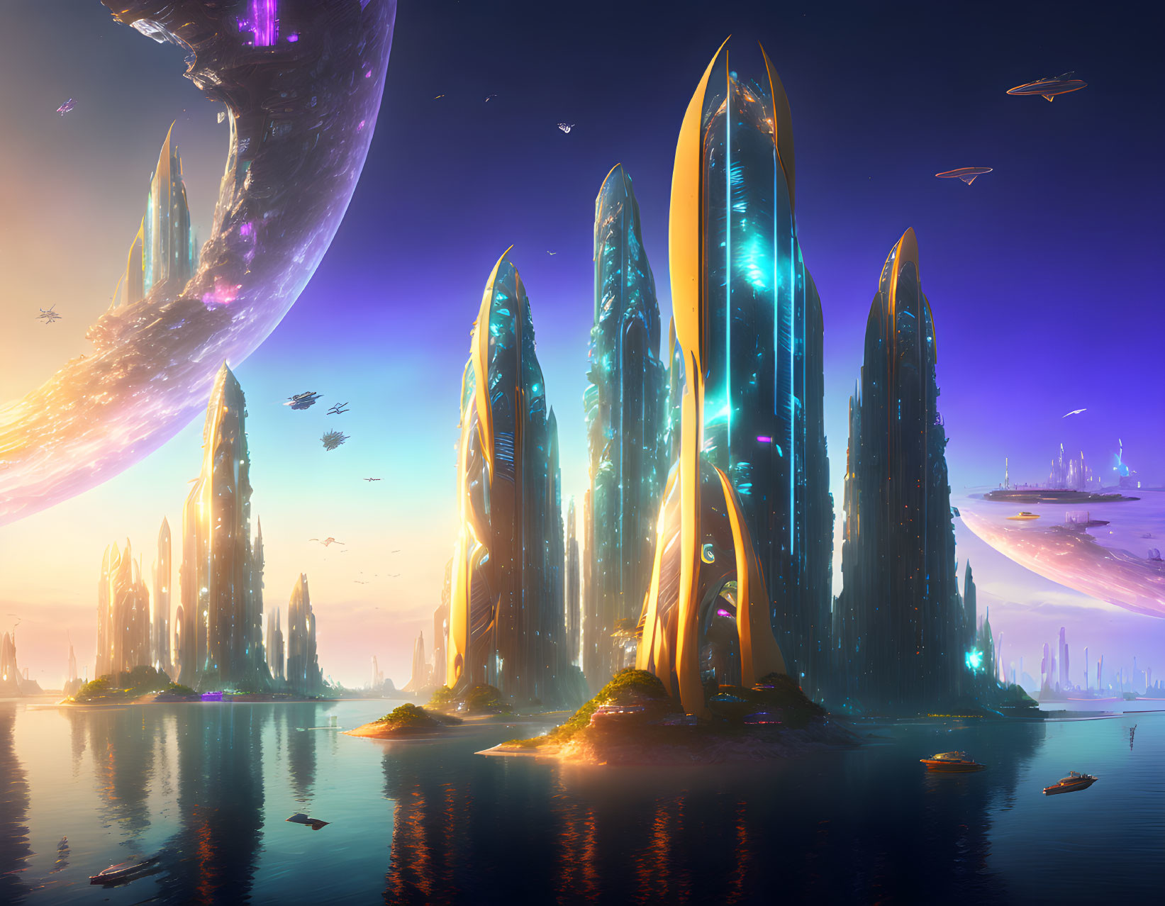 Futuristic cityscape with tall illuminated spires and water under purple sky