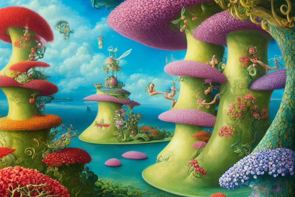 Colorful whimsical landscape with mushroom-like trees and tiny figures.