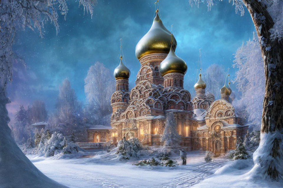 Snow-covered ornate cathedral with golden onion domes in winter scene