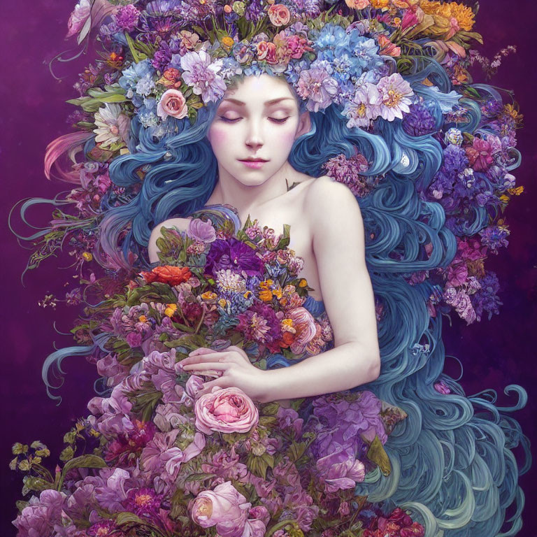 Blue-Haired Woman Surrounded by Flowers in Dreamlike Setting