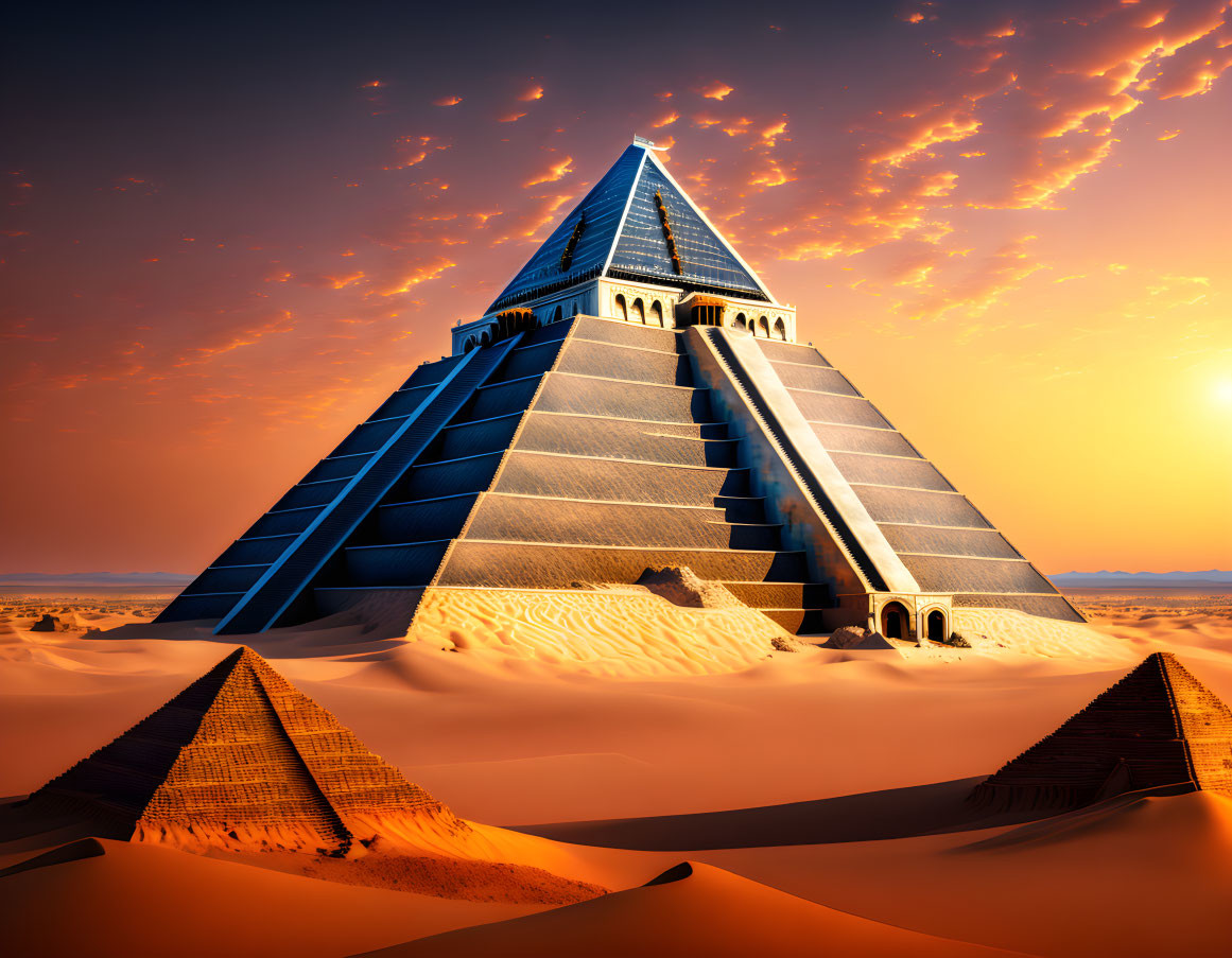 Glass-topped pyramid in desert sunset with smaller pyramids.