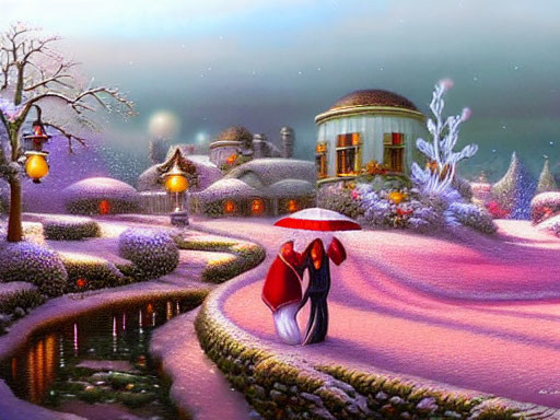 Winter Scene: Two Figures with Red Umbrella in Snowy Village