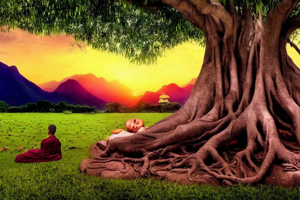 Tranquil baby sleeping under tree with meditating monk in scenic landscape