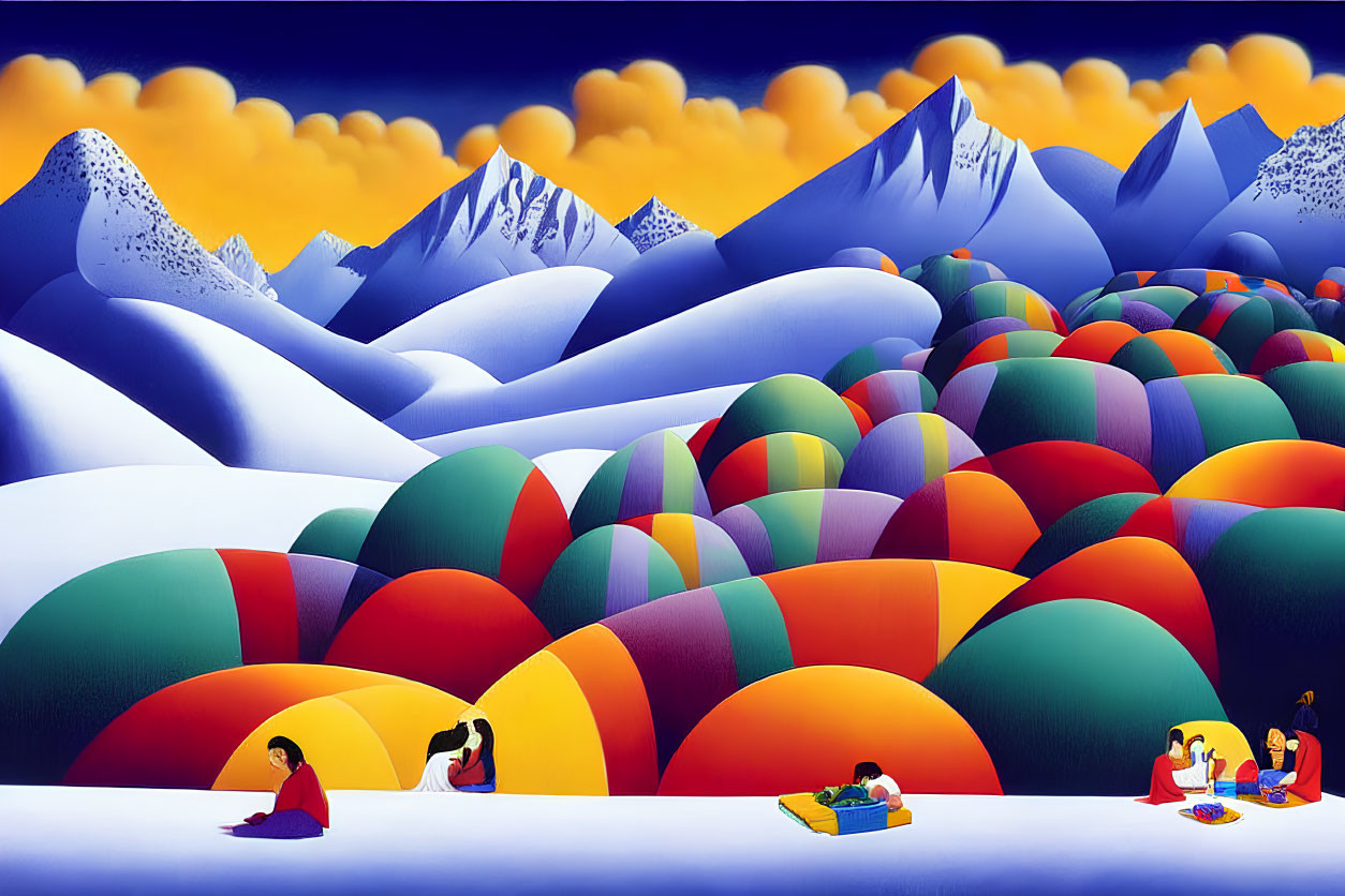 Colorful painting of people among rounded hills with snow-capped mountains and yellow sky