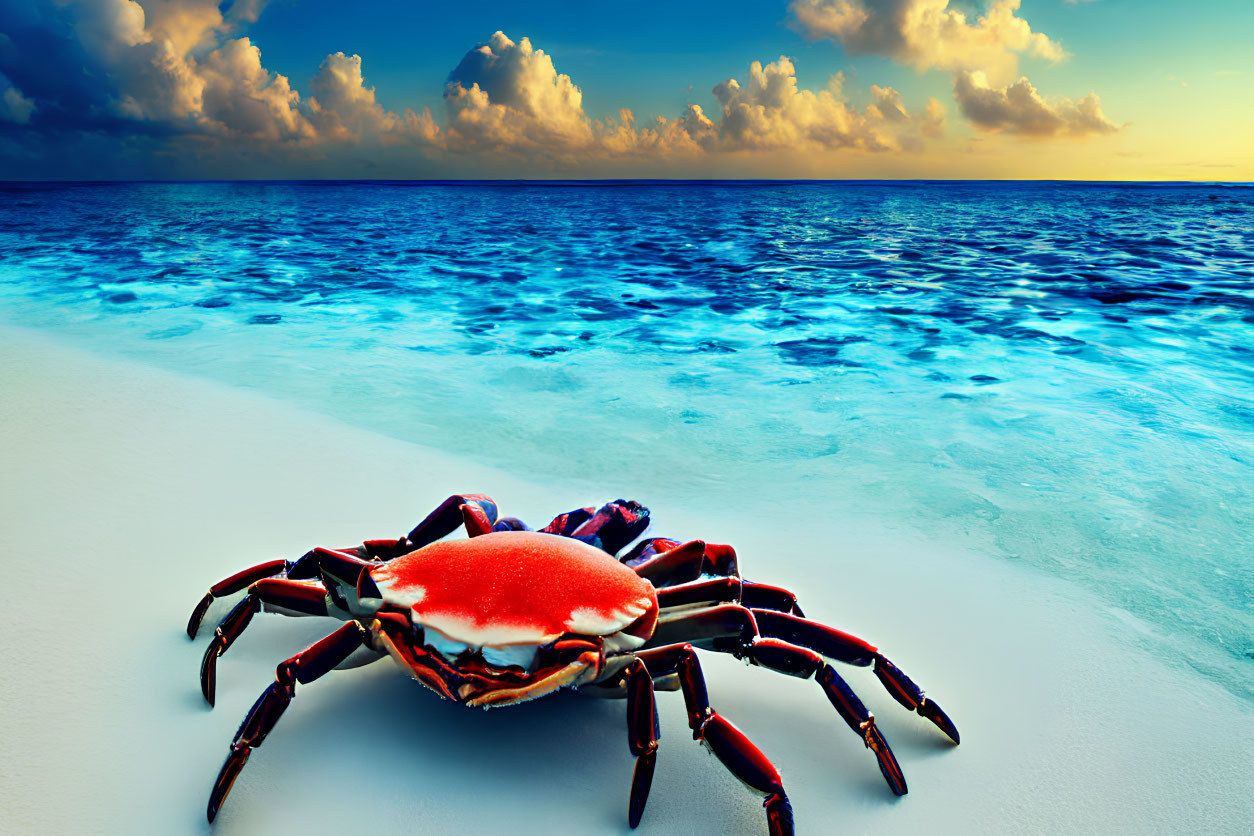 Vibrant red crab on white sandy beach at sunset