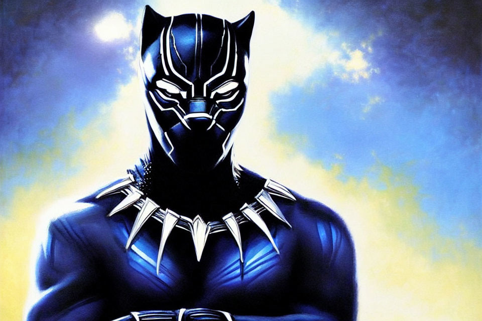 Detailed Black Panther Superhero Illustration with Silver Necklace on Blue Background