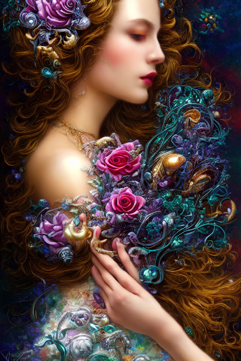 Detailed Fantasy Illustration: Woman with Auburn Hair & Ornate Embellishments