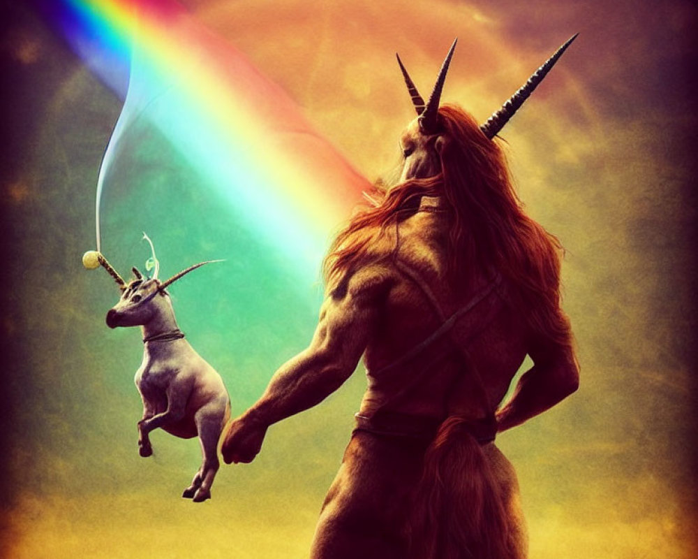 Muscular centaur archer with rainbow arrow and flying unicorn in dramatic sky.