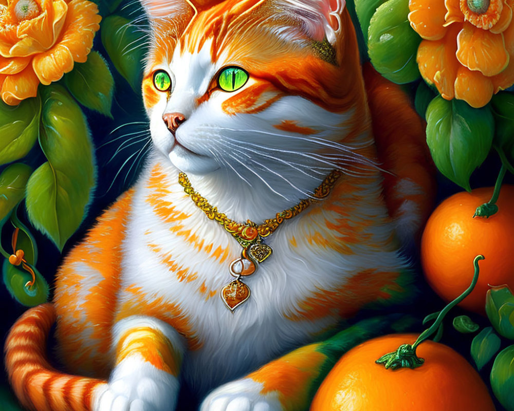 Colorful Cat Portrait with Green Eyes and Gold Necklace Among Flowers