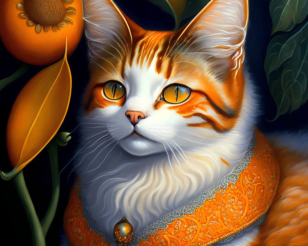 Orange and White Cat with Intricate Patterns and Decorative Collar Beside Stylized Flowers on