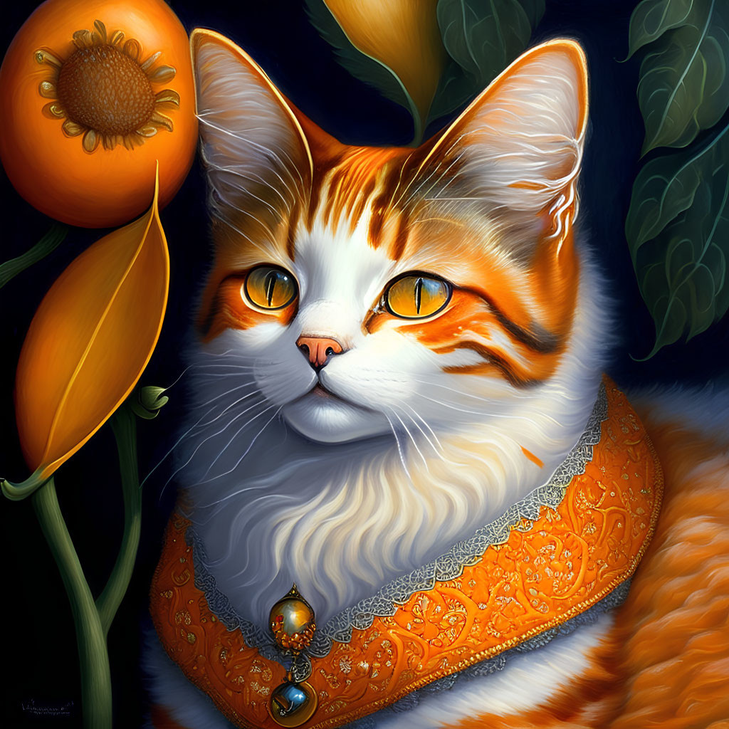 Orange and White Cat with Intricate Patterns and Decorative Collar Beside Stylized Flowers on