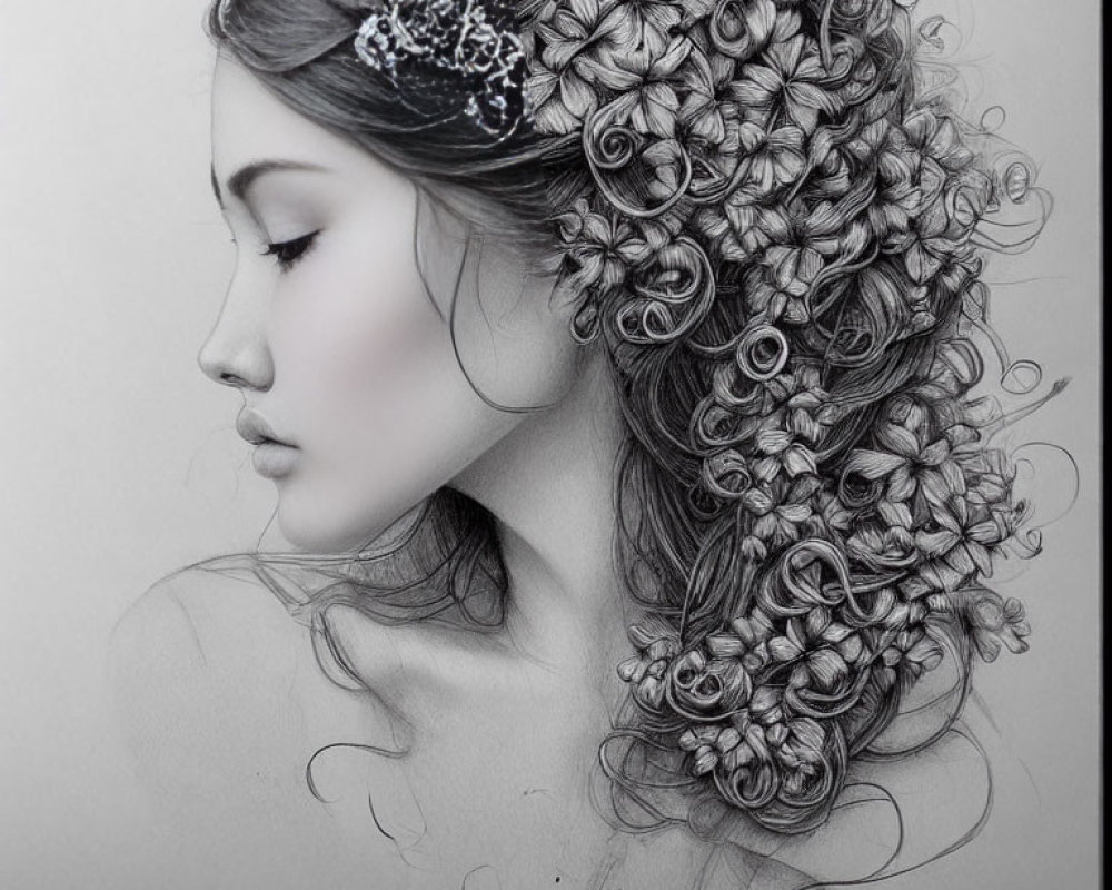 Detailed Monochromatic Sketch of Woman with Elaborate Hairstyle