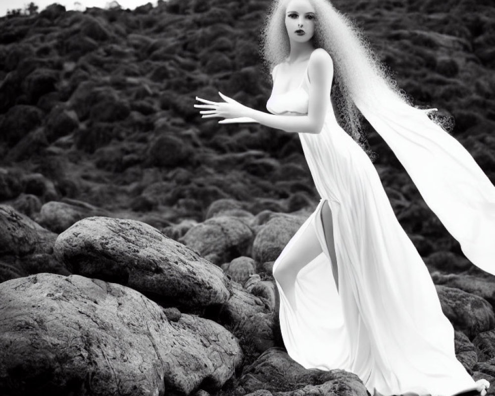 Monochrome image of person with voluminous hair in flowing white dress on rugged terrain