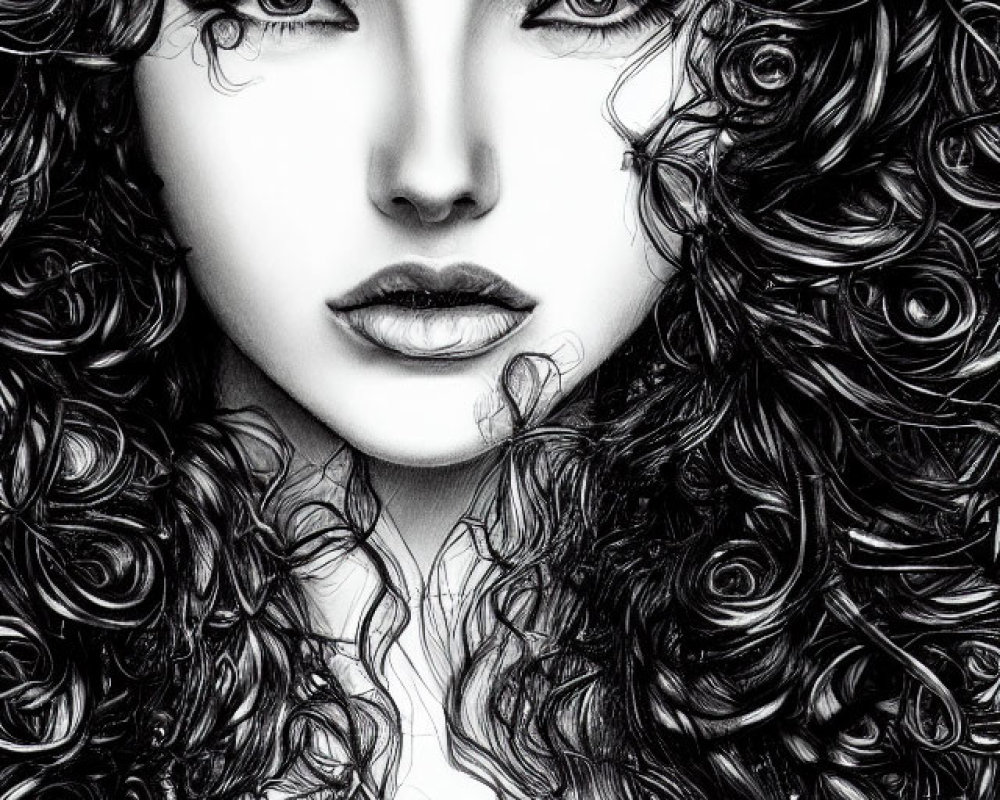 Monochrome portrait of a woman with voluminous curly hair and intense gaze