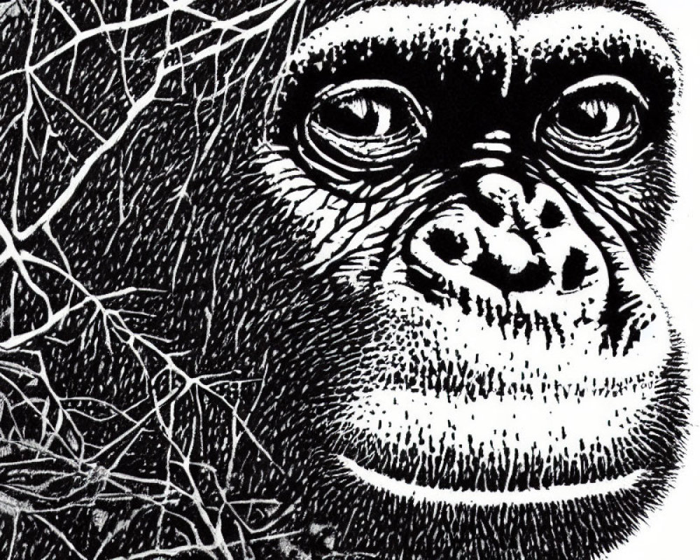 Detailed black and white gorilla face illustration with expressive eyes and foliage background