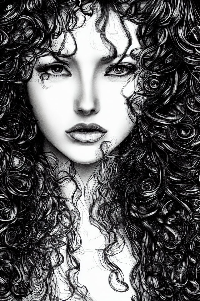 Monochrome portrait of a woman with voluminous curly hair and intense gaze