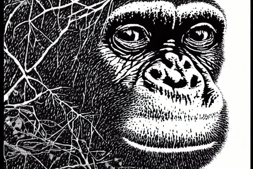 Detailed black and white gorilla face illustration with expressive eyes and foliage background