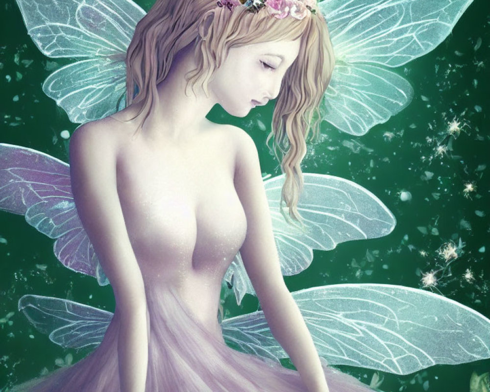 Illustrated fairy with translucent wings in purple dress and flower crown on sparkly green background