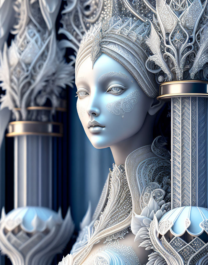 Intricate 3D Fantasy Figure in Silver Armor with Blue Accents