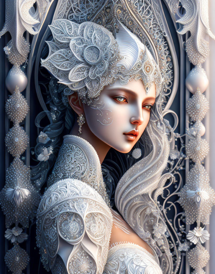 Elaborate silver and white headpiece and armor on woman in digital artwork