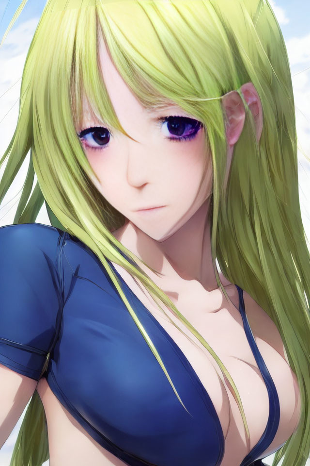 Digital artwork featuring woman with long green hair and purple eyes in blue top.