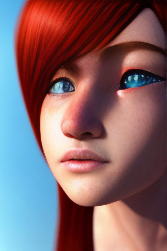 Vibrant red hair and blue eyes on female digital character against soft blue backdrop