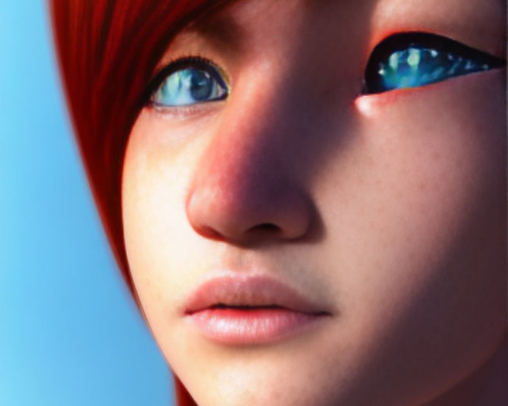 Vibrant red hair and blue eyes on female digital character against soft blue backdrop