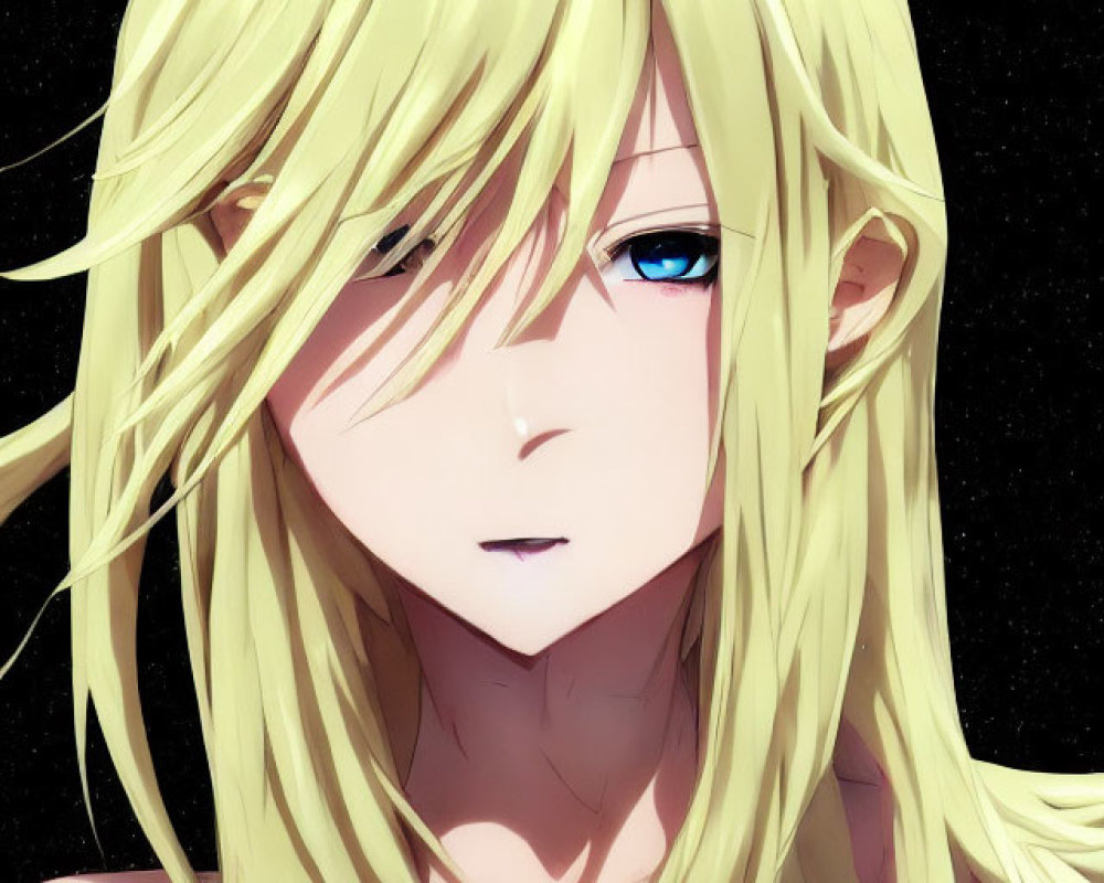 Digital artwork of character with long blonde hair and blue eyes against starry backdrop