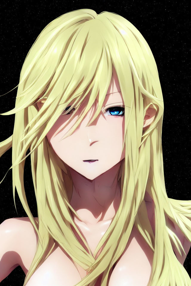 Digital artwork of character with long blonde hair and blue eyes against starry backdrop