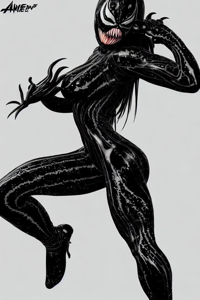 Black symbiote creature with sharp teeth and elongated tongue in dynamic pose