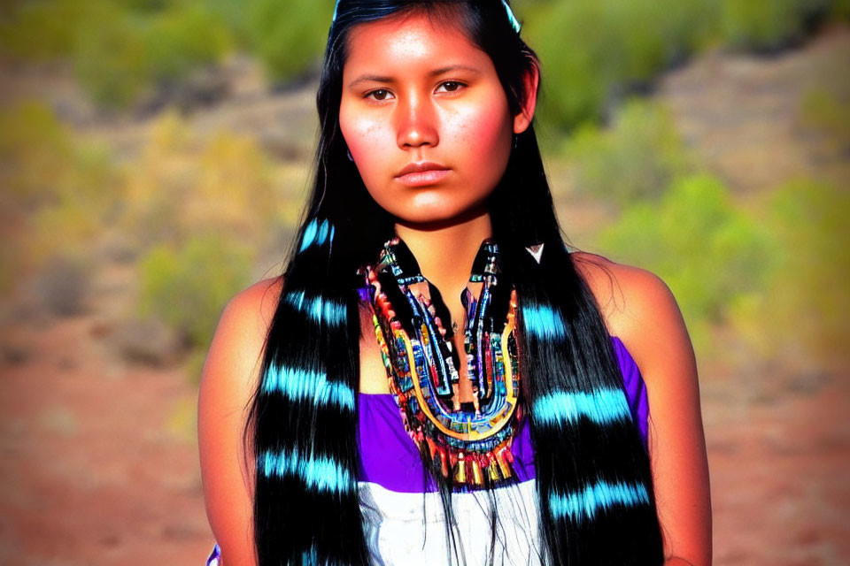 Young girl with long black hair, beaded necklace, and headband, standing outdoors solemnly