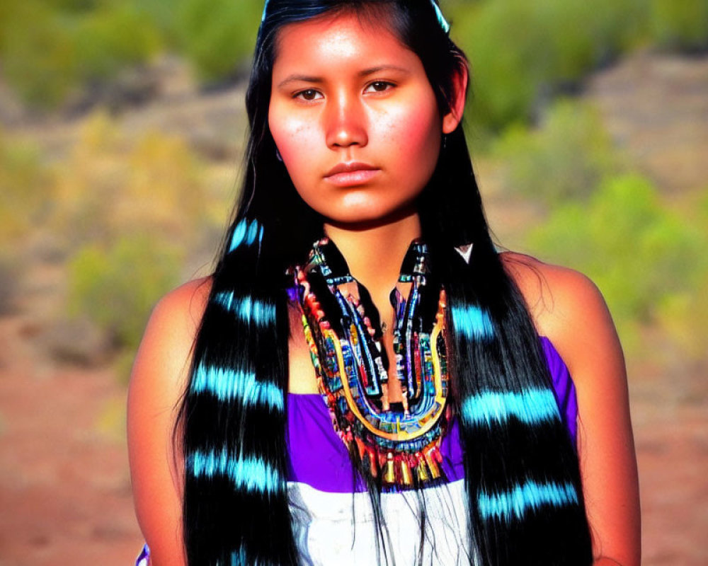 Young girl with long black hair, beaded necklace, and headband, standing outdoors solemnly