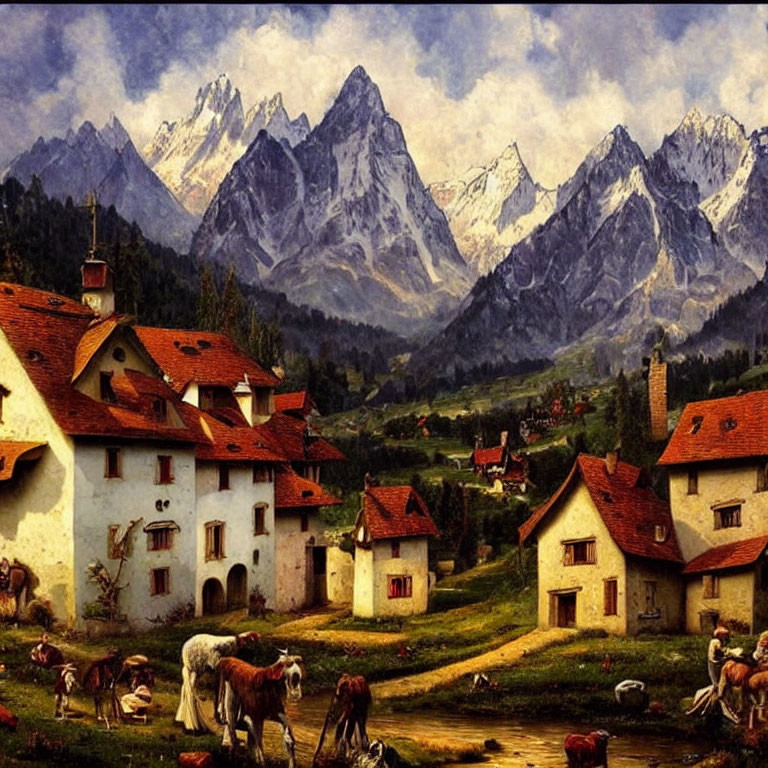 Scenic village with mountain backdrop, quaint houses, daily life, animals, and greenery.