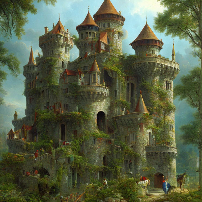 Medieval stone castle with towers in lush forest clearing