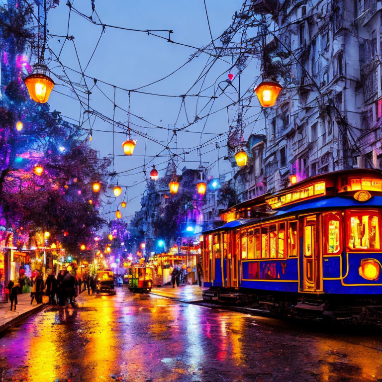 Blue vintage tram on illuminated street at dusk