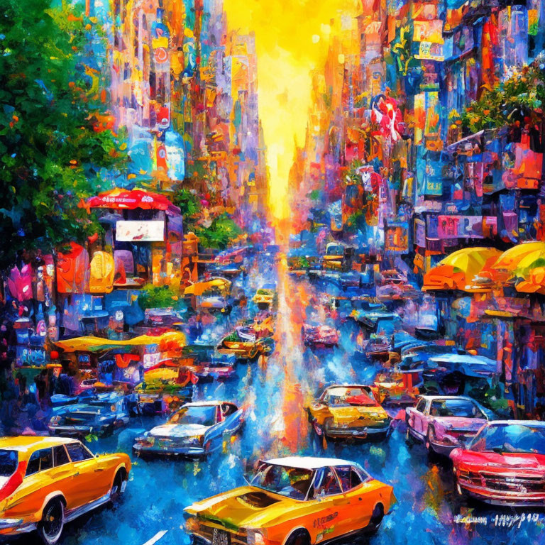 Impressionistic city street painting at sunset