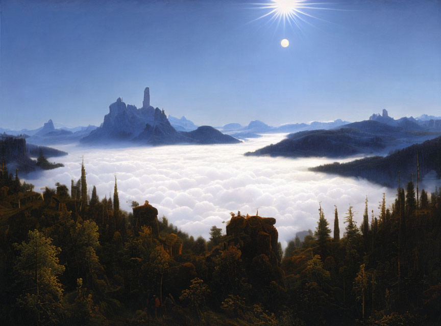 Scenic landscape: forested mountains, sea of clouds, bright sun