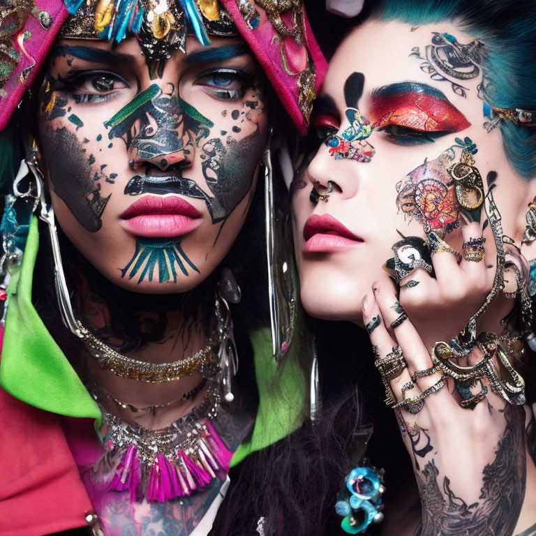 Vibrant makeup and elaborate face tattoos on two individuals posing together