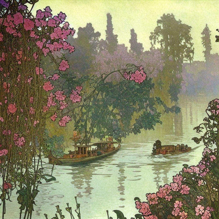 Vintage Illustration: Tranquil River Scene with Boats and Blossoms