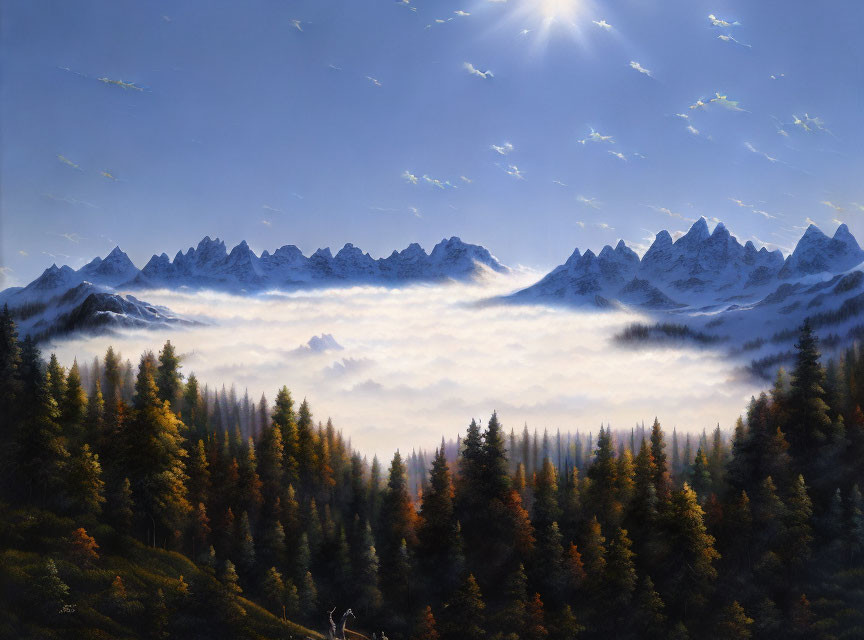 Autumn forest landscape with mist, mountains, and sun rays