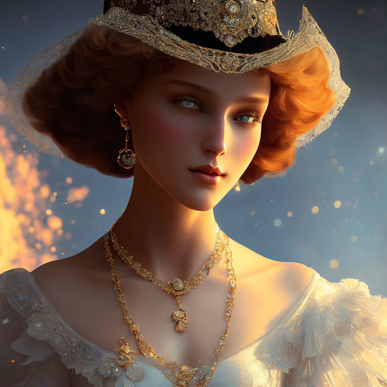 Digital Artwork: Elegant Woman with Golden-Red Hair and Blue Eyes in Fancy Attire