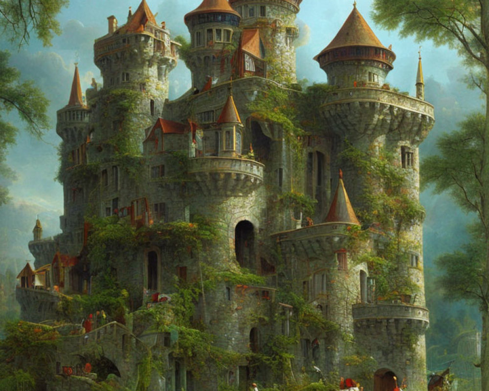 Medieval stone castle with towers in lush forest clearing