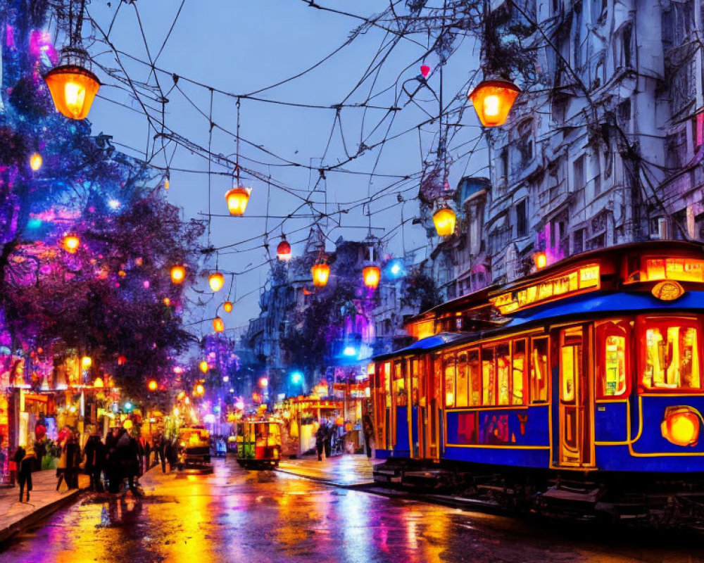 Blue vintage tram on illuminated street at dusk