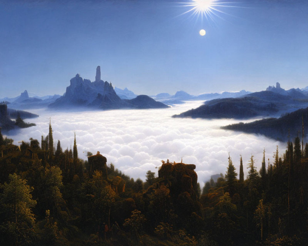 Scenic landscape: forested mountains, sea of clouds, bright sun