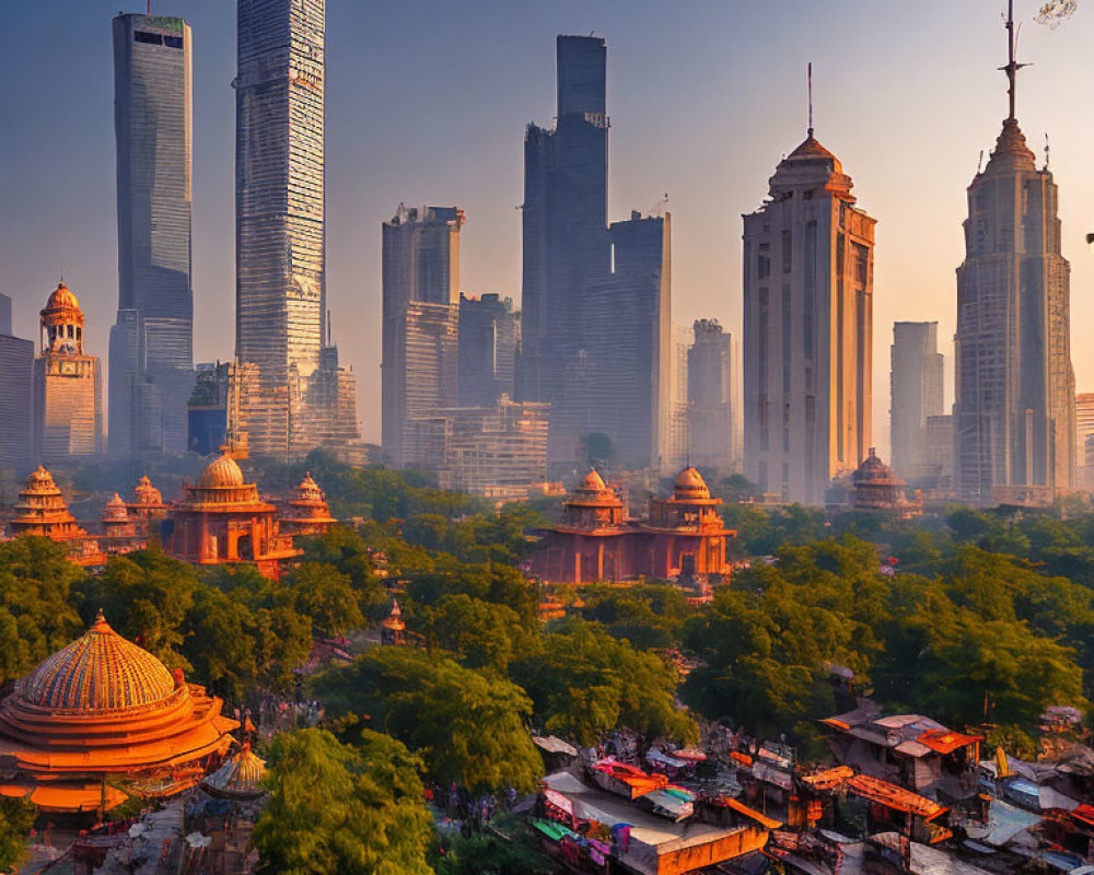 Cityscape at Sunset: Traditional and Modern Buildings in Golden Light