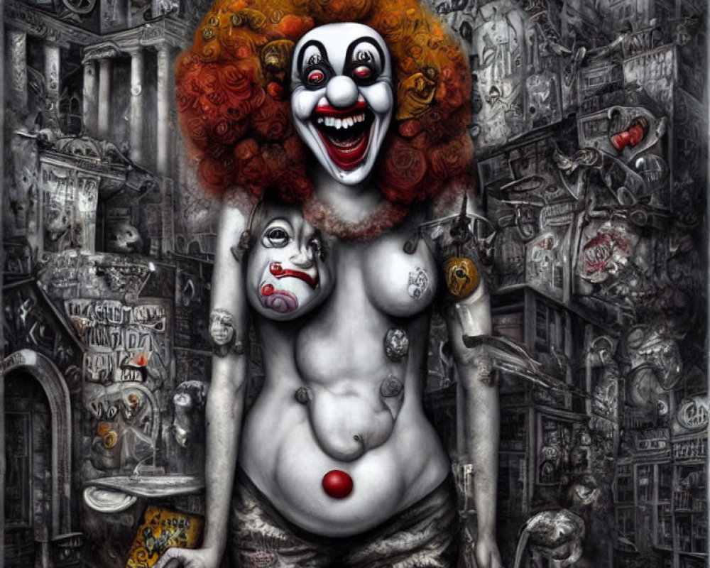 Colorful Clown Artwork with Surreal Dystopian Background