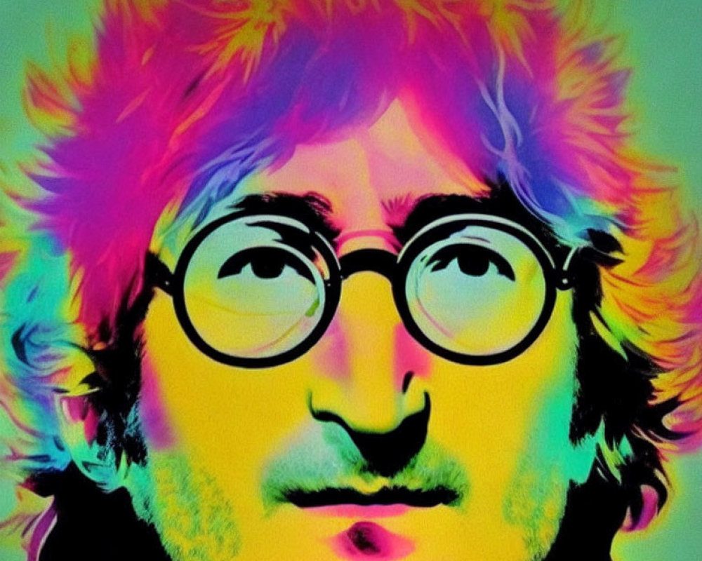 Vibrant portrait of a man with round glasses on neon background